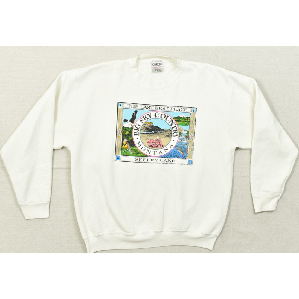Oneita Power Sweats VTG Montana Big Sky Country Seeley Lake Sweatshirt XL White